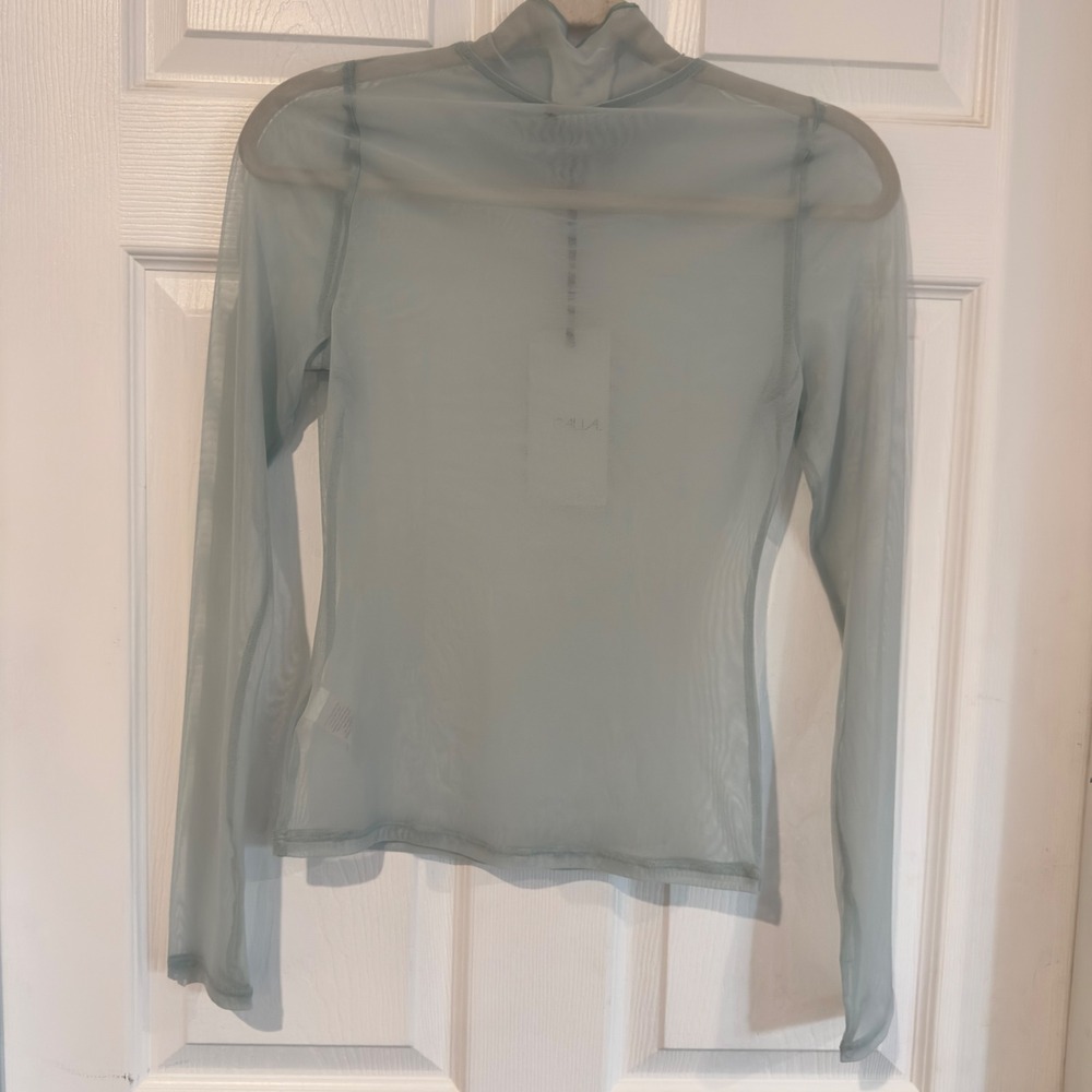 CALIA Draped Funnel Long Sleeve Mesh Top Smoked Turquoise WAX27 XS - Picture 7 of 7